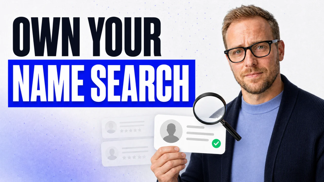 Own your name search with Lukas König inspecting a verified profile through a magnifying glass