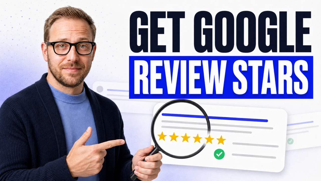 How to get Google review stars with Lukas König, a magnifying glass and a five-star search result